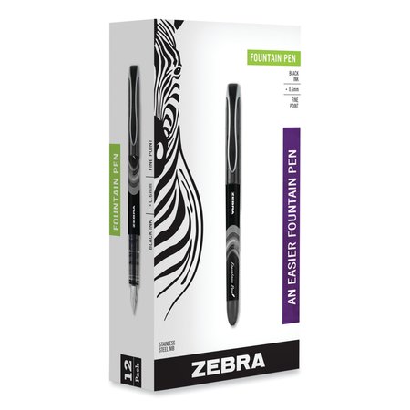 ZEBRA PEN Fountain Pen, Fine 0.6mm, Black Ink/Barrel, PK12 48310